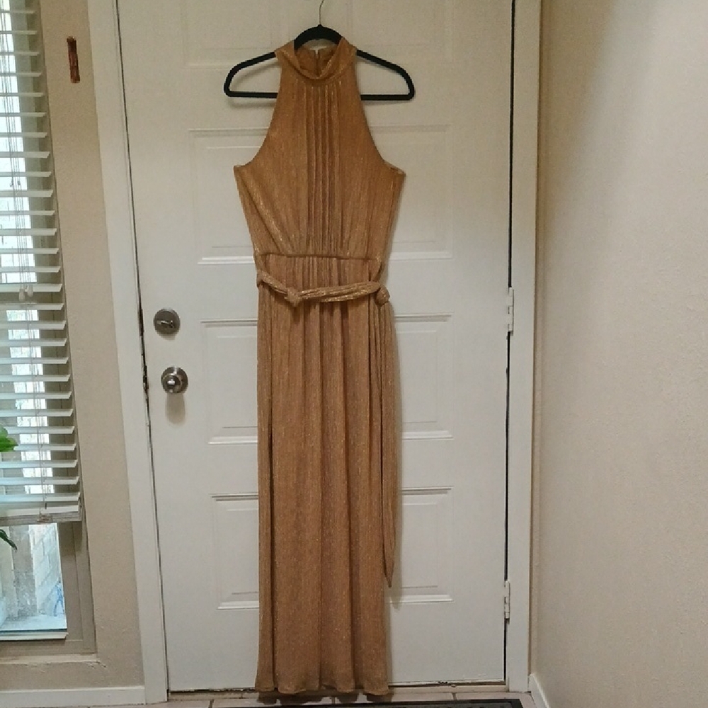 Halston Heritage Tan Sleeveless Halter Maxi Dress